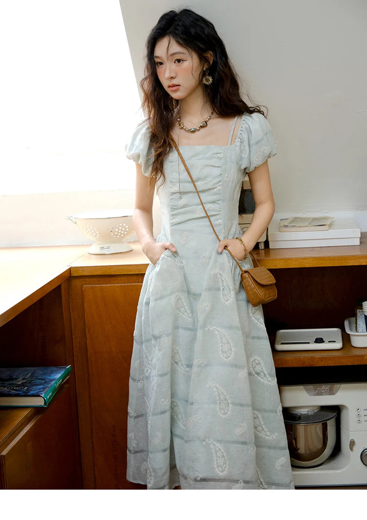 MISHOW Fashion Embroidery A-line Dress for Women 2025 Summer Puff Sleeve Square Neck Vacation Dresses Female Clothing MXE34L2265