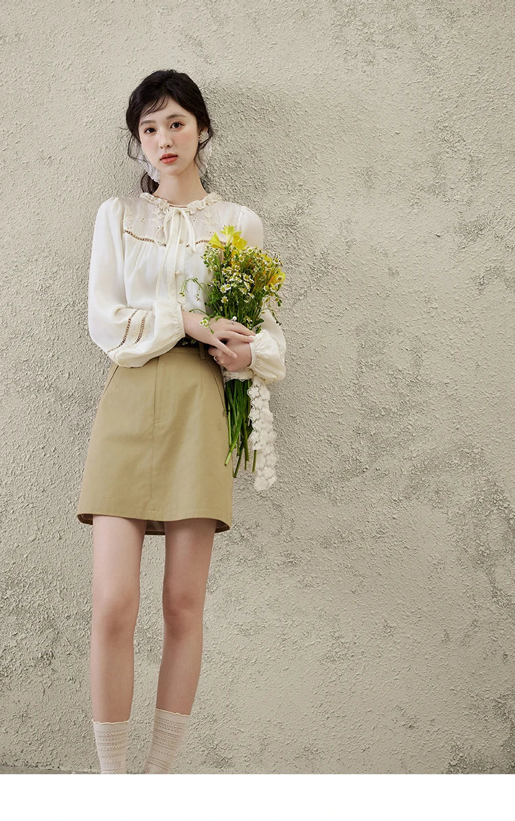 MISHOW Khaki A-line Short Skirt Spring 2025 100Cotton High Waist Versatile Skirt Zipper Pockets Skirt (Not with Belt) MXE15B0696