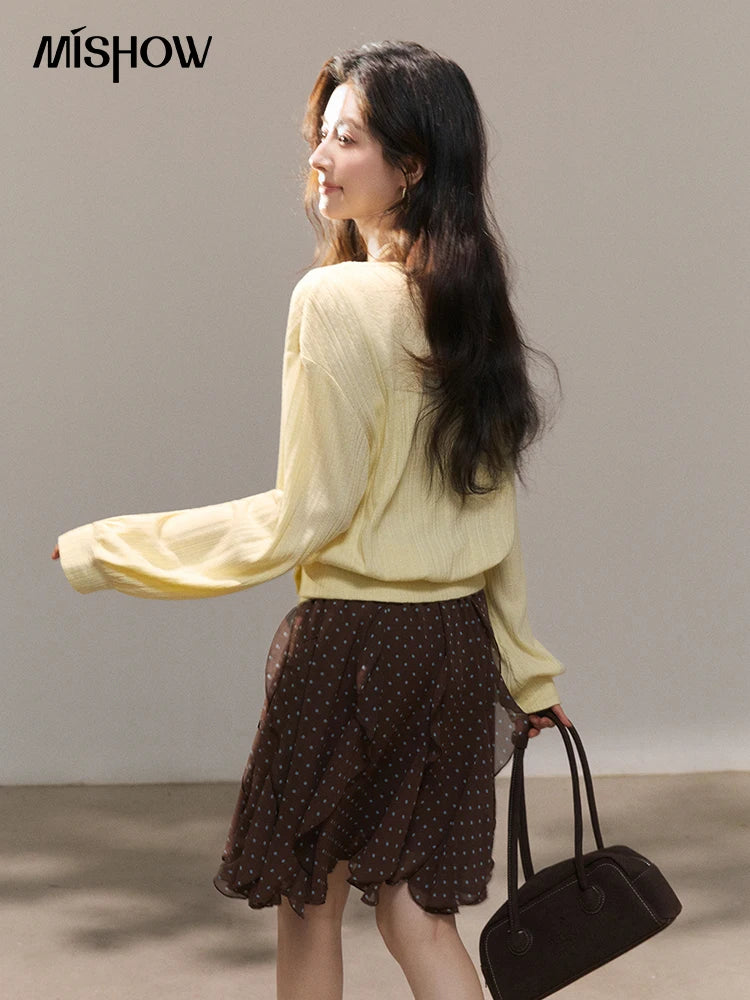 MISHOW Women's Lemon Yellow Two-Piece Set Spring Knitted Lantern Sleeve Pullover Tops Strap Lace Edge Camisole Set MXF13T1513