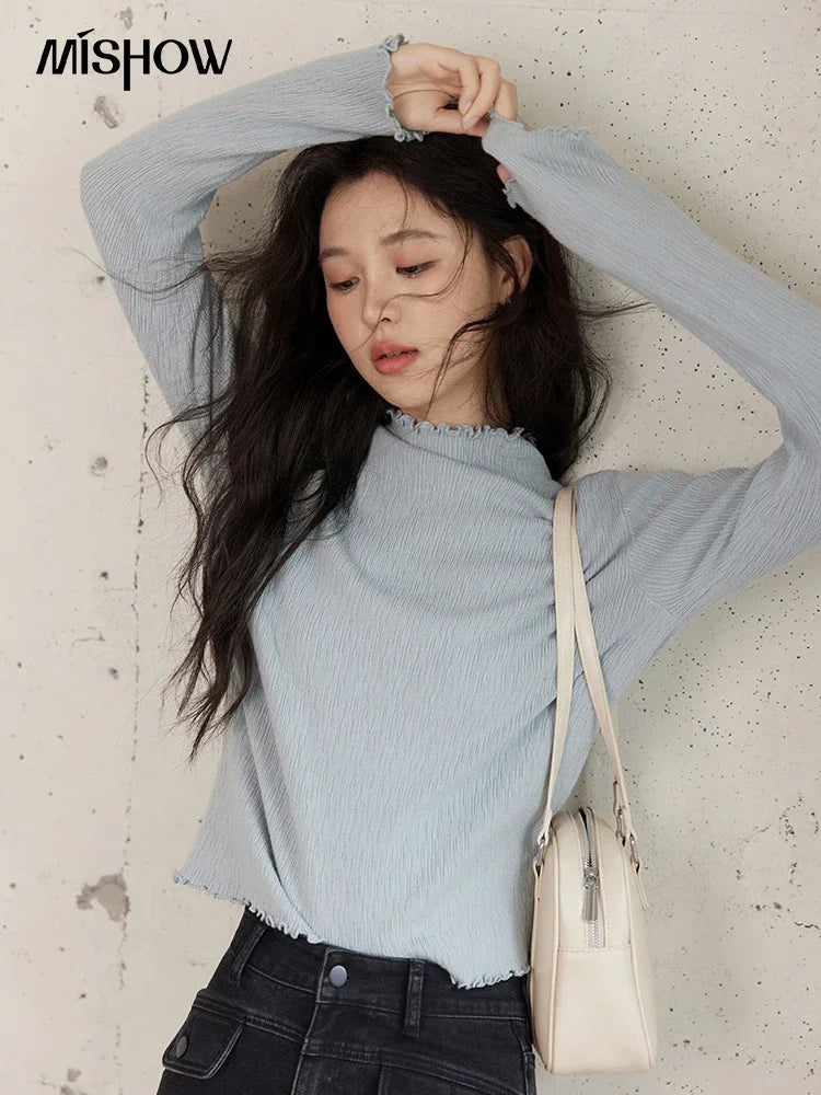 MISHOW Bottom Knitted Sweater Women Ruffled Edge High Collar Long Sleeve 2025 Winter Solid Slim Thin Internal Tops MXD48Z0850