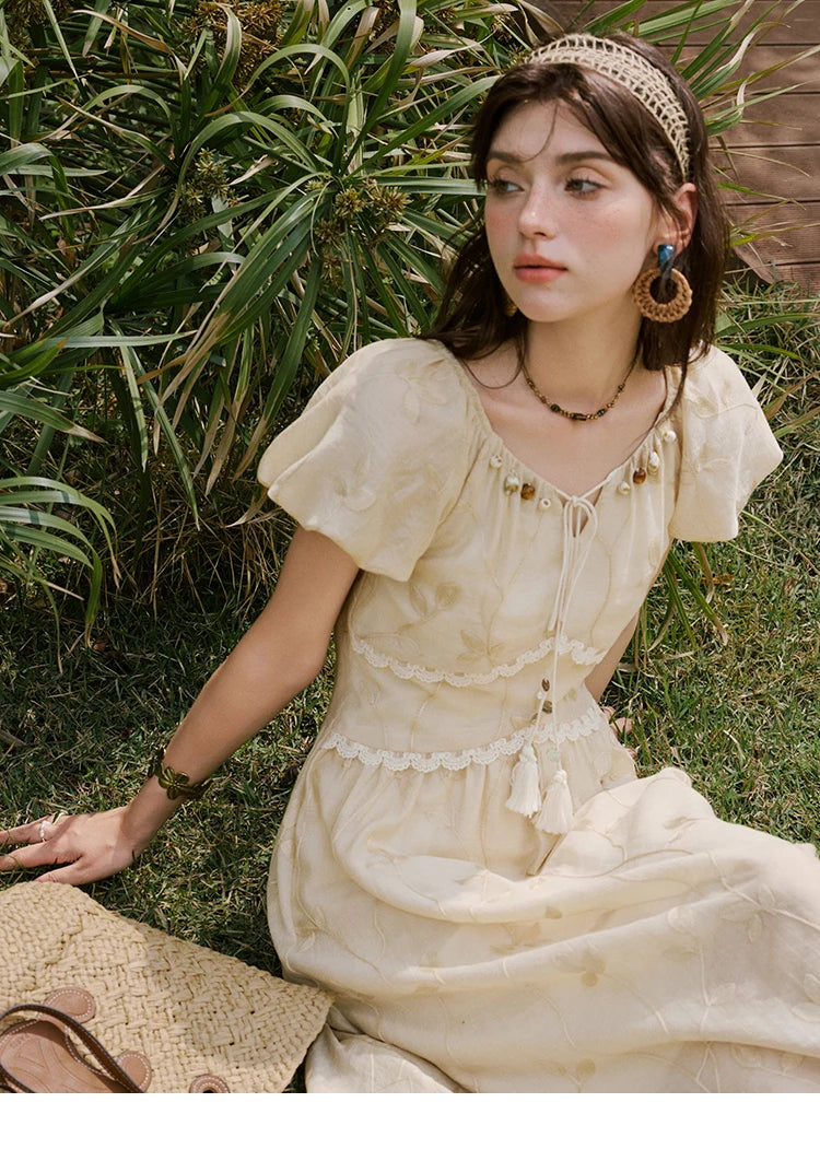 MISHOW Print Office Lady Dress Women Summer 2025 Short Sleeve Round Neck Beaded Neckline Slim Waist Dresses Female MXE33L2208