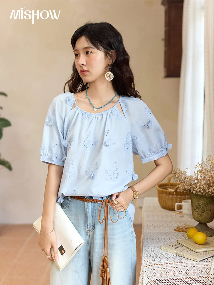 MISHOW Women's Butterfly Embroidery Blouse 2025 Summer New Fashion Hollow Out O-Neck Casual Top Female Clothing MXE36X1878