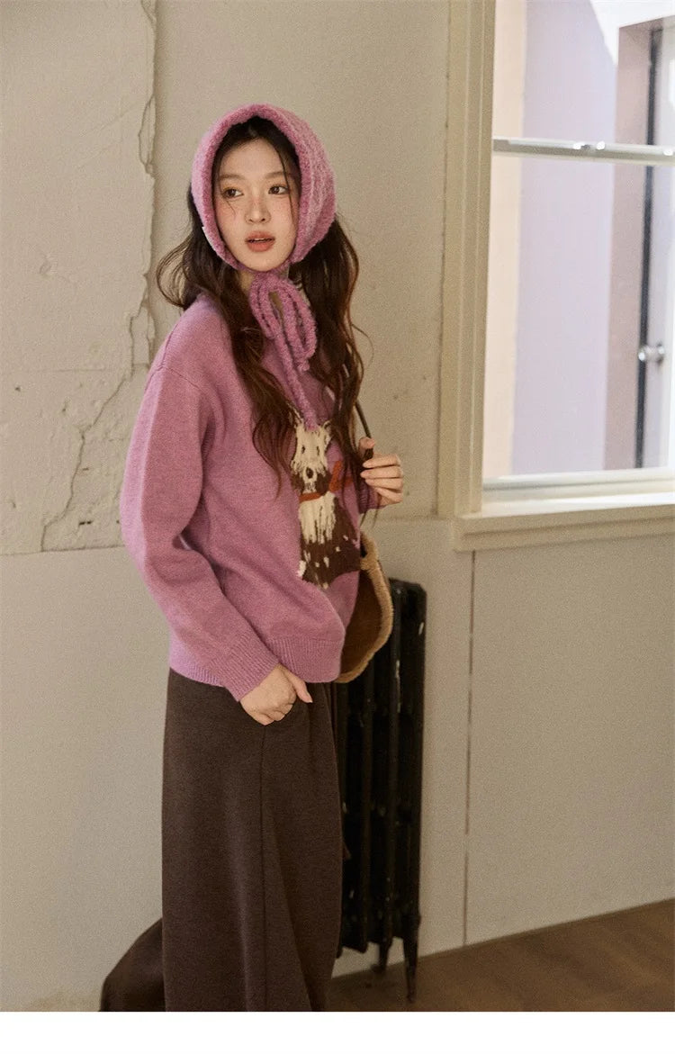 MISHOW Women's Jacquard Dog Thick Sweater Winter Purple Arctic Fleece Loose Soft Knitted Tops (Headband Not Included) MXE88Z2599