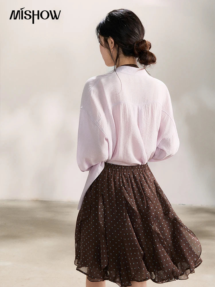 MISHOW Women's Asymmetric V Neck Shirts 2026 Spring Lapel Casual Loose Tie Cuffs Solid Shirt with Polka Dot Ribbon MXF108X1002