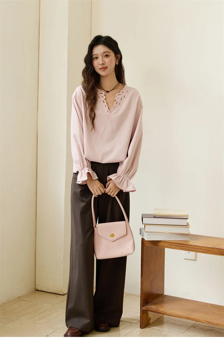 MISHOW Women's Elegant Blouse 2025 Autumn French Style Hollow Out V Neck Pink Blouse Loose Commute Long Sleeves Top MXE48X2502