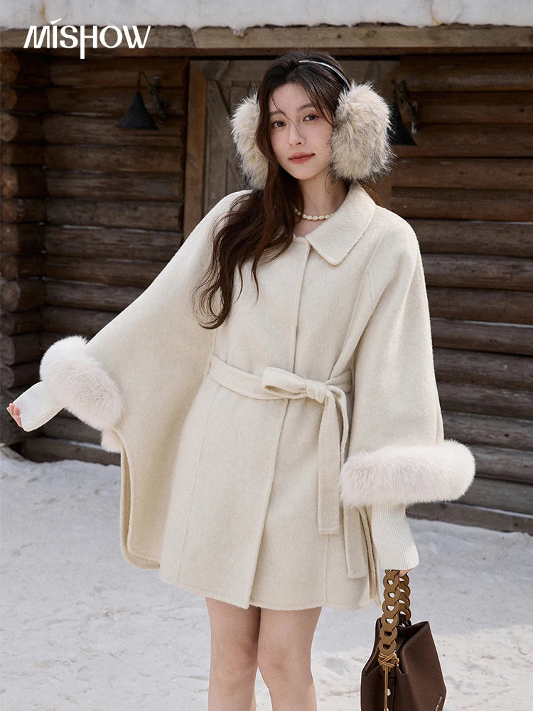MISHOW 100% Wool Cape Double-sided Woolen Coat 2025 Winter Elegant Detachable Furry Cuffs Warm Lapel Ponchos Coats MXE90W0947