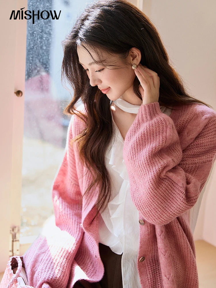 MISHOW Women's Dusty Pink Knitted Cardigan 2026 Spring V-Neck Single Breasted Tops Loose Casual Long Sleeve Outerwear MXF11Z2898