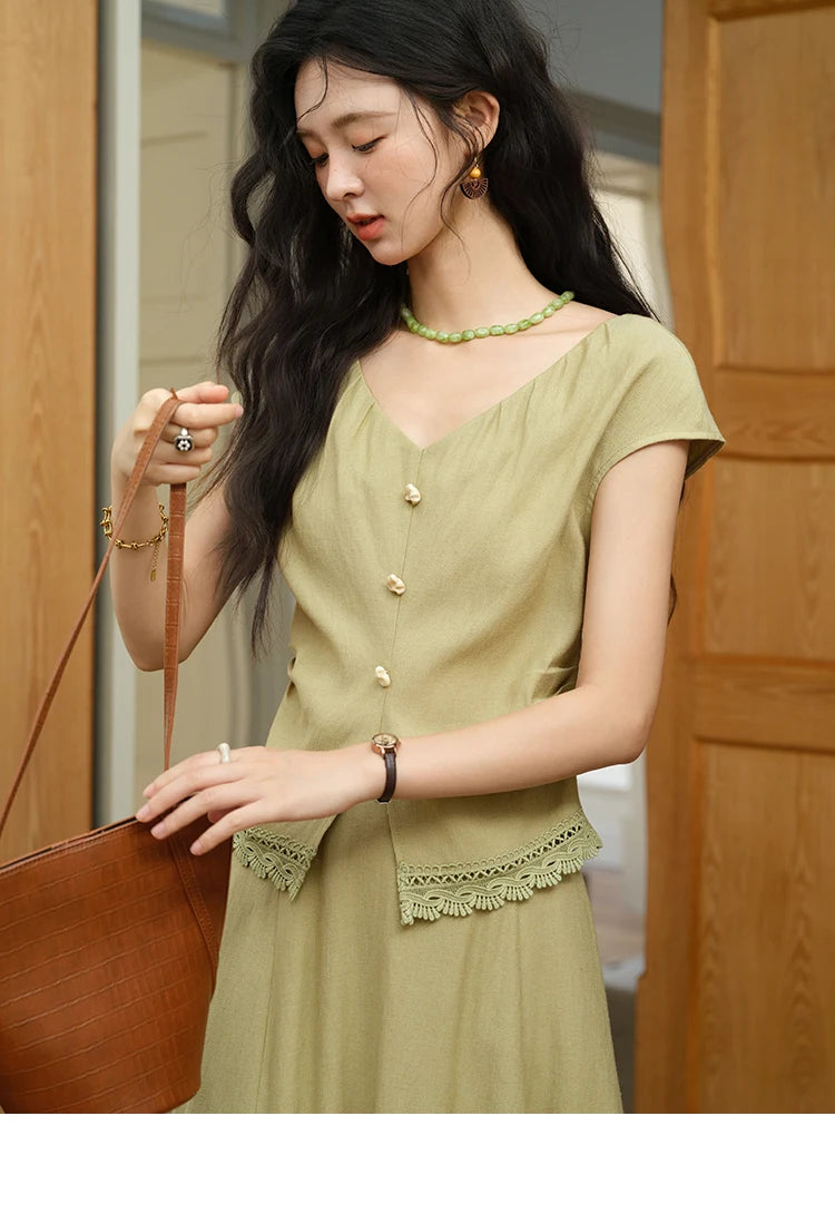 MISHOW Two-Piece Ladies Set 2025 Summer New Fashion V-neck Button Lace Hollow Out Spliced Top Pocket A-line Skirt Set MXE39T0665