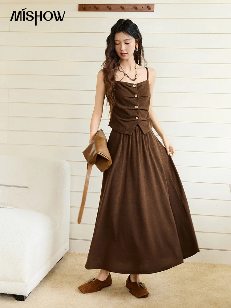 MISHOW Camisole Skirt Suit 2025 Retro Dark Brown Pleated Design Tank Top A-line Skirt Autumn Women's Clothing Set MXE46T1378