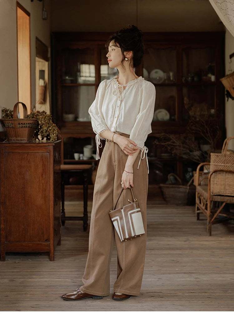 MISHOW French Retro Lace Collar Shirt for Women 2024 Autumn Bow Tie Top Lantern Sleeves Seven Quarter Sleeves Shirt MXD41X1621