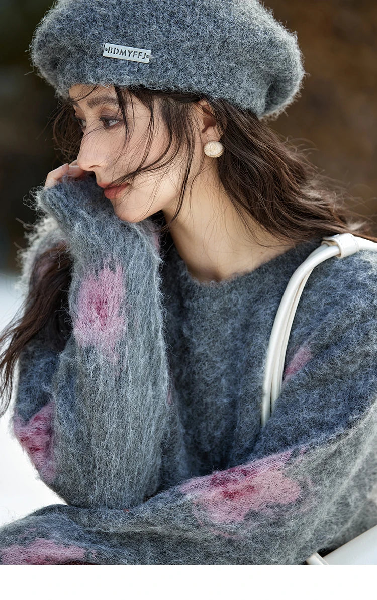 MISHOW Wool Yarn Plush Fur Flower O-Neck Pullover Knitted Sweater Women Clothes Warm Versatile Long-sleeved Tops MXD56Z1001