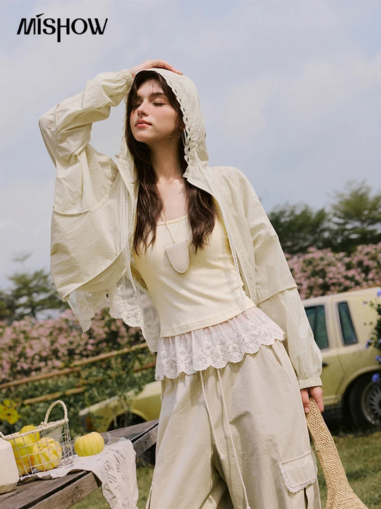 MISHOW Sunscreen Summer Coat Women New 2025 Long Sleeve Hooded Solid Lace Loose Cardigan Female Thin Breathable MXE33W0780