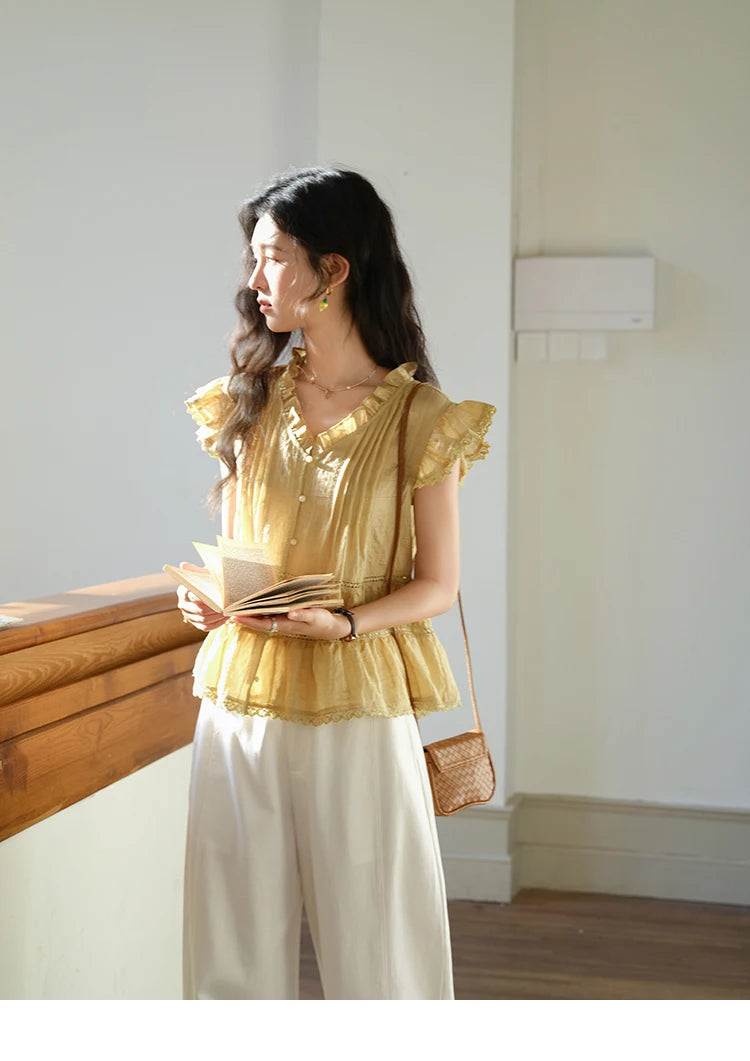 MISHOW Women's Summer Shirt 2025 New Wood Ear V-neck Flying Sleeve Shirt Casual Wrinkle Spliced Button Ladies Top MXE37X1908