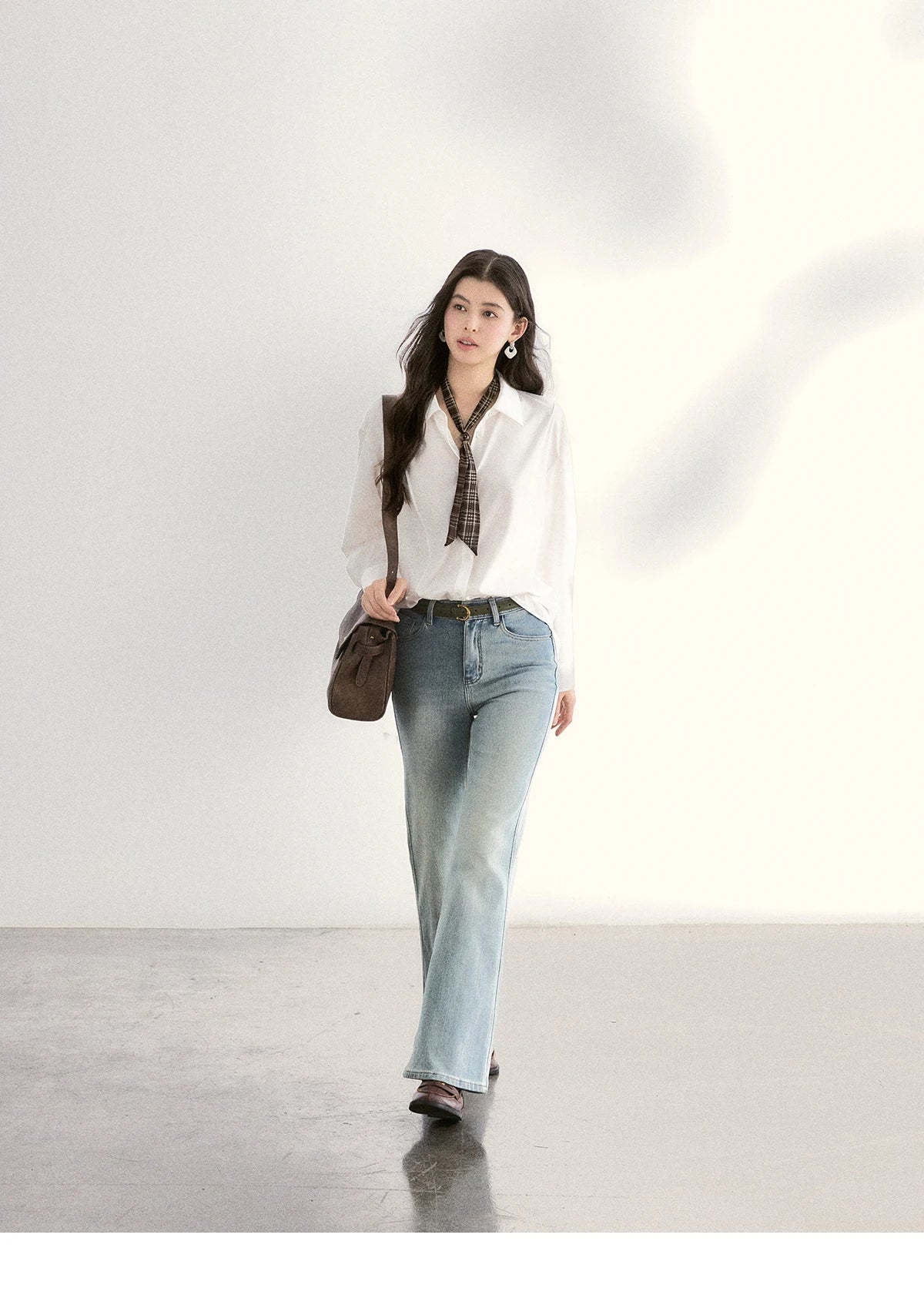 MISHOW Women's Casual Loose Shirt with Plaid Scarf 2026 Spring Lapel Tops Versatile Long Sleeve Shirts Office Lady MXF108C0815