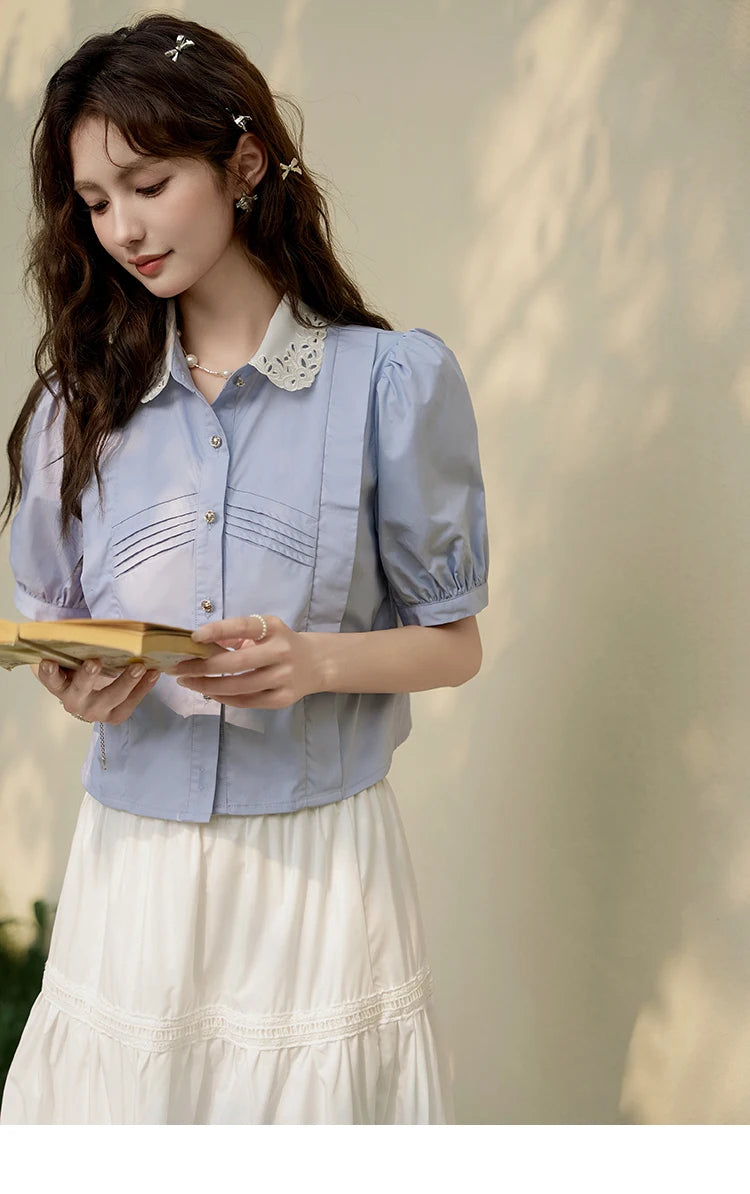 MISHOW Women's Summer Button Up Shirt Puff Sleeve Blouse Lace Lapel French Retro Contrast Top Korean Popular Clothes MXD26X1451