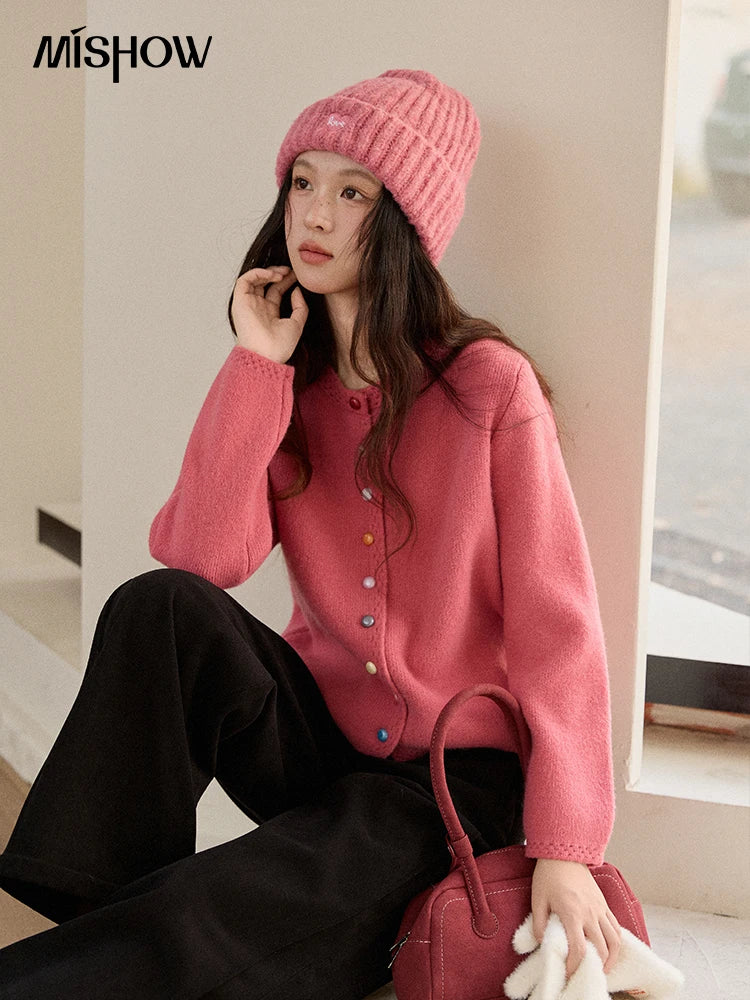 MISHOW Women's Cardigan 2025 Slim Fit Hollow Out Round Neck Rainbow Button Sweater French Style Solid Warm Knitwear MXE90Z2796