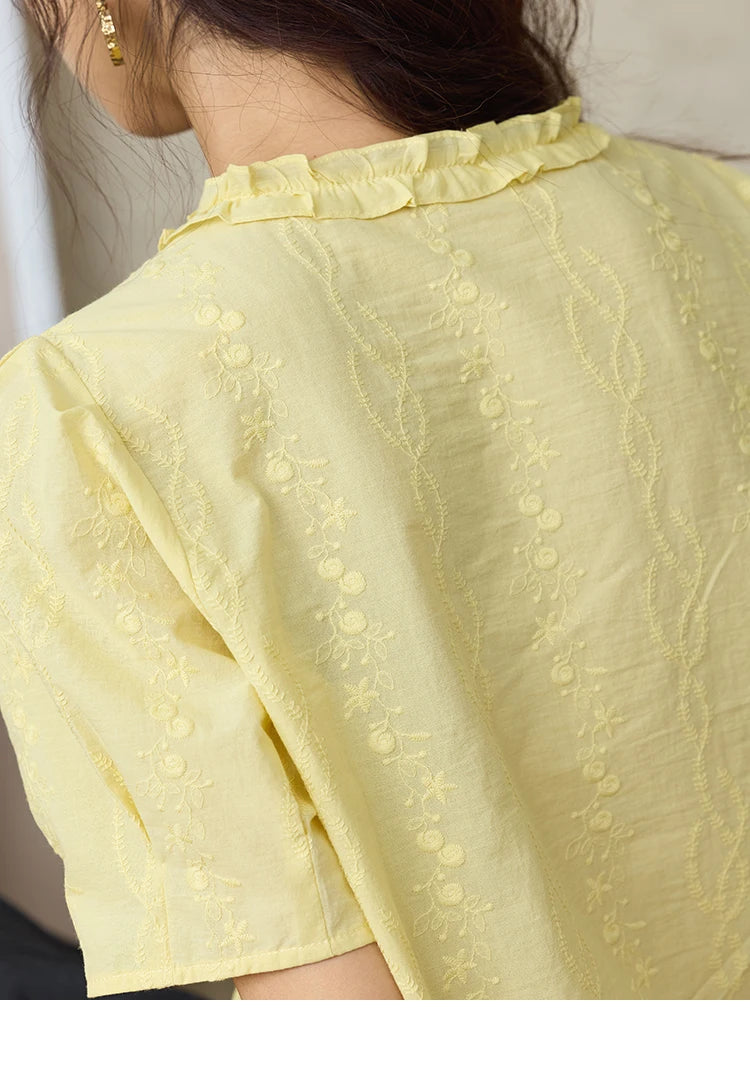 MISHOW 100% Cotton Women's Puff Sleeve Shirt 2025 Summer New Fashion Round Neck Button Top Casual Female Clothing MXE36X1873