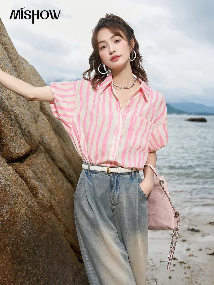 MISHOW Women's Striped Shirt 2023 Summer Korean Loose Puff Sleeve Polo Neck Pocket Casual Tops STRAIGHT Office Lady MXC38C0072