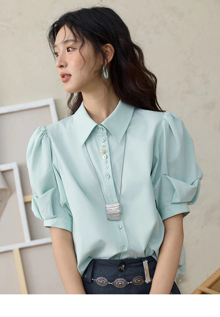 MISHOW Light Green Bubble Sleeve Shirt for Women Summer 2025 Lapel Collar Irregular Button Shirts Cotton Commuter Top MXE34C0788
