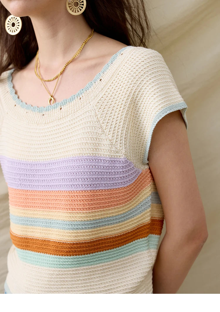 MISHOW Casual Stripe Knitted Pullover Women Summer New 2025 Short Sleeve Round Neck Slimming Tops Female Office Lady MXE31Z1222