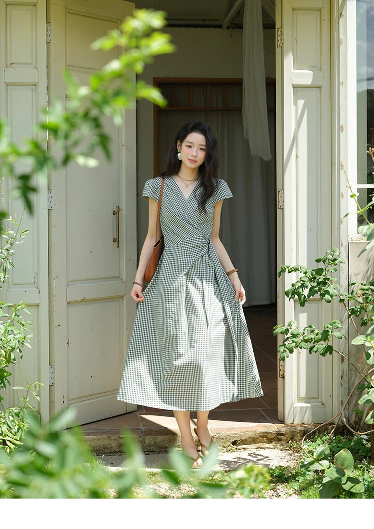 MISHOW Women's Fashion V-neck Dress 2025 Summer Office Lady Plaid Waist Cinched Sashes Short Sleeve Female Dresses MXE39L2410