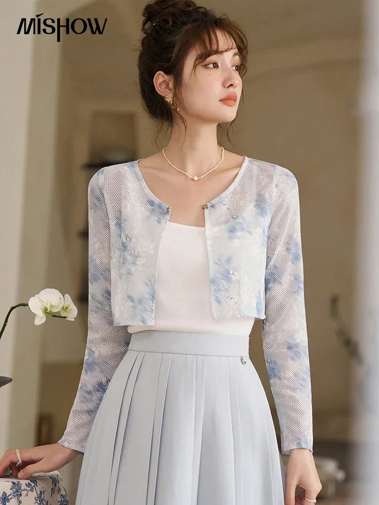 MISHOW Elegant Hollow Out Cardigan Camisole Skirt Separately Spring Lace Printing Short Cardigans Solid Pleated Skirt MXD12W0342