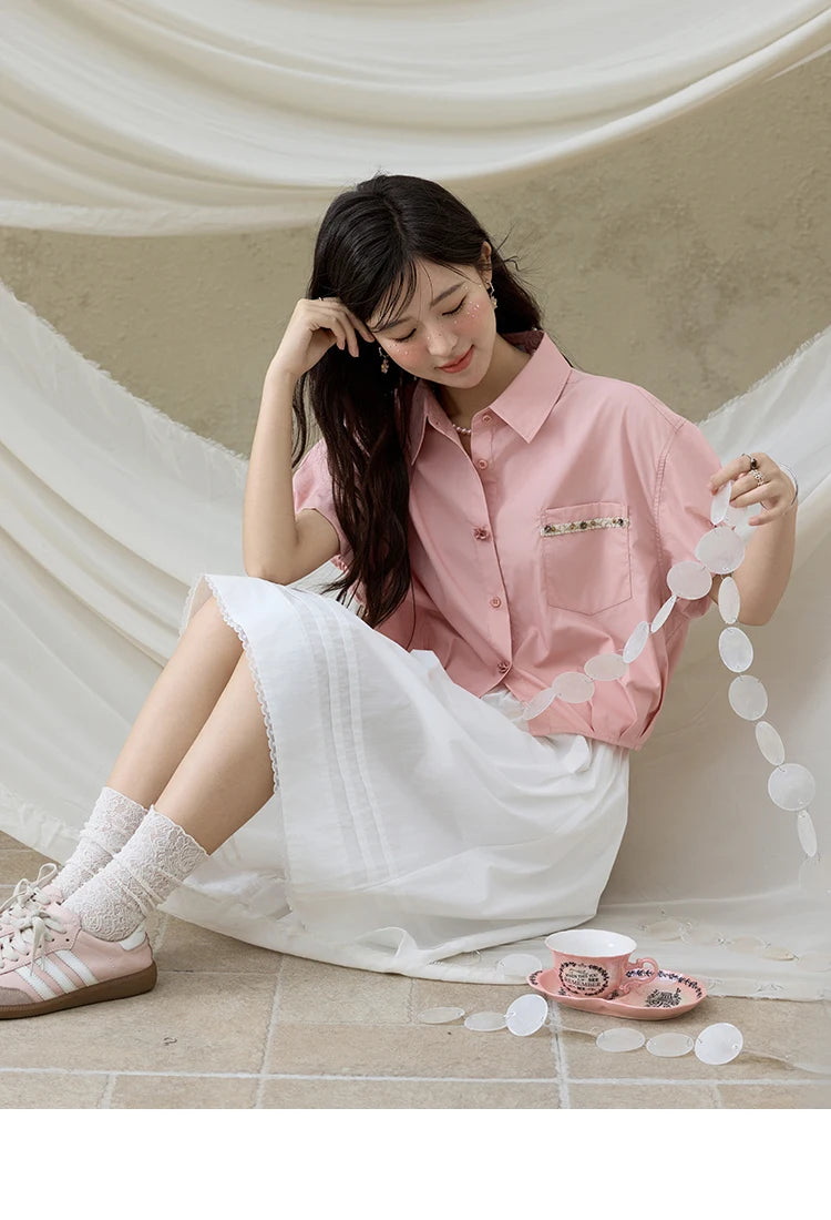 MISHOW Casual Summer Blouses Women 2025 New Short Puff Sleeve Turn Down Collar Shirt Female Fashion Shell Ribbon Tops MXE33C0773