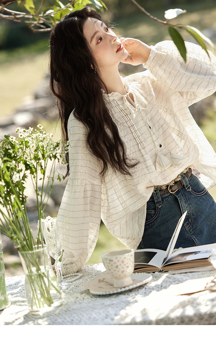 MiSHOW French Striped Blouses Women Spring New 2025 Long Sleeve Lace Collar Shirts Female Fashion Solid Chiffon Tops MXE12C0387