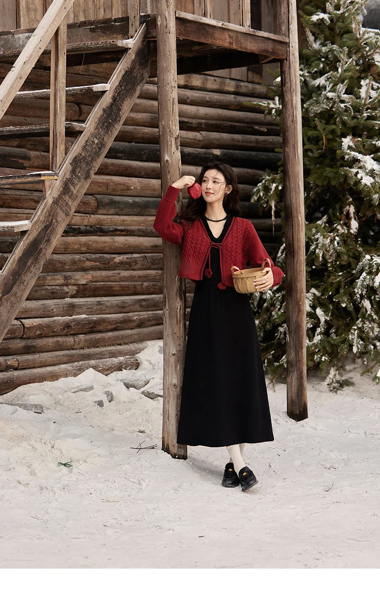 MISHOW Red Knitted Cardigan V-Neck Midi Dresses Separately A-LINE Temperament Grace Dress Flower Lace-up Warm Coat MXD58L2085