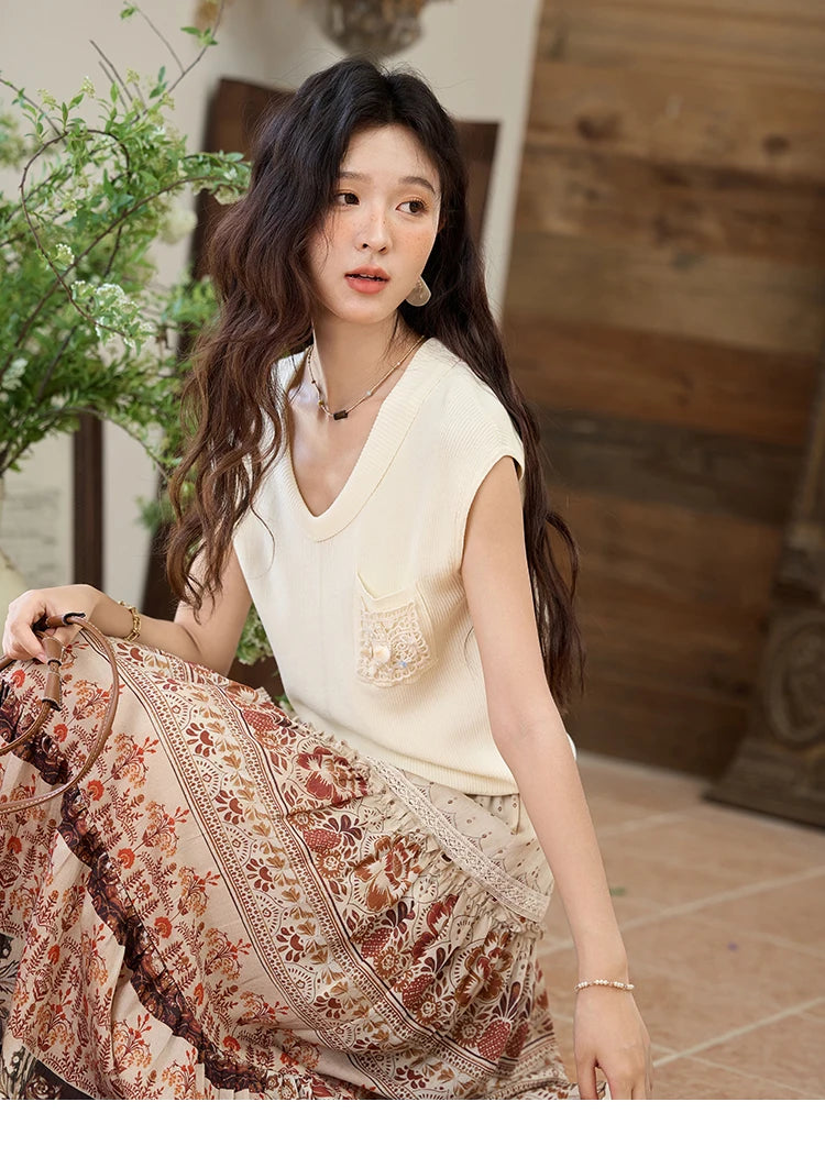 MISHOW Cool Knitted Short Sleeve T-shirt 2025 Summer V-neck Pocket Shell Lace Tops Casual Solid Raglan Sleeve Tees MXE34Z1265