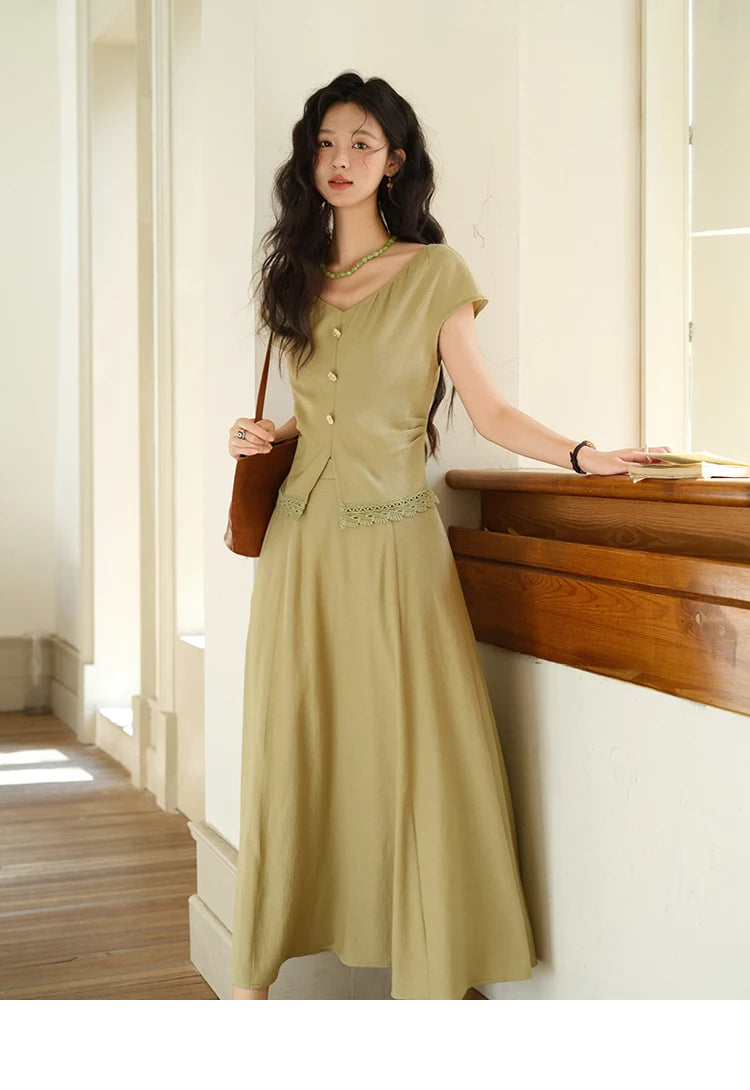 MISHOW Two-Piece Ladies Set 2025 Summer New Fashion V-neck Button Lace Hollow Out Spliced Top Pocket A-line Skirt Set MXE39T0665