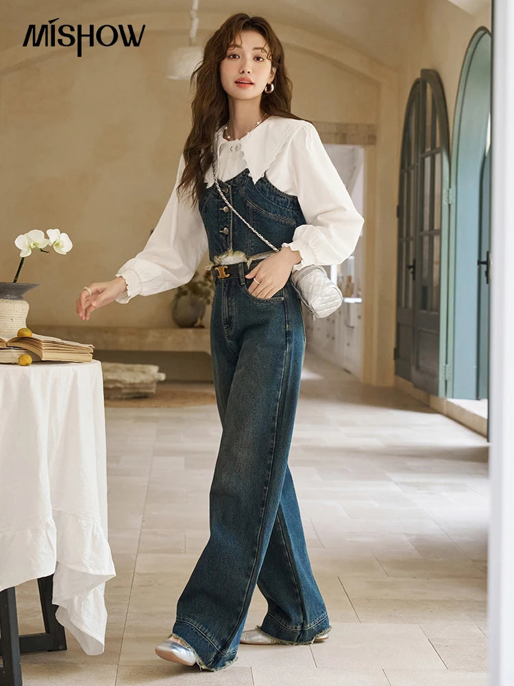 MISHOW American Retro Wide Leg Jeans Spring High Waist Slim Cotton Elastic Denim Straight Trouser Hem Tassels Pants MXD12K0538