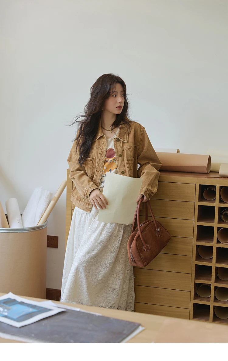 MISHOW Light Brown Vintage Denim Jacket for Women 2025 Autumn Embroidered Pockets Dropped Sleeve Retro Loose Jacket MXE41W0795