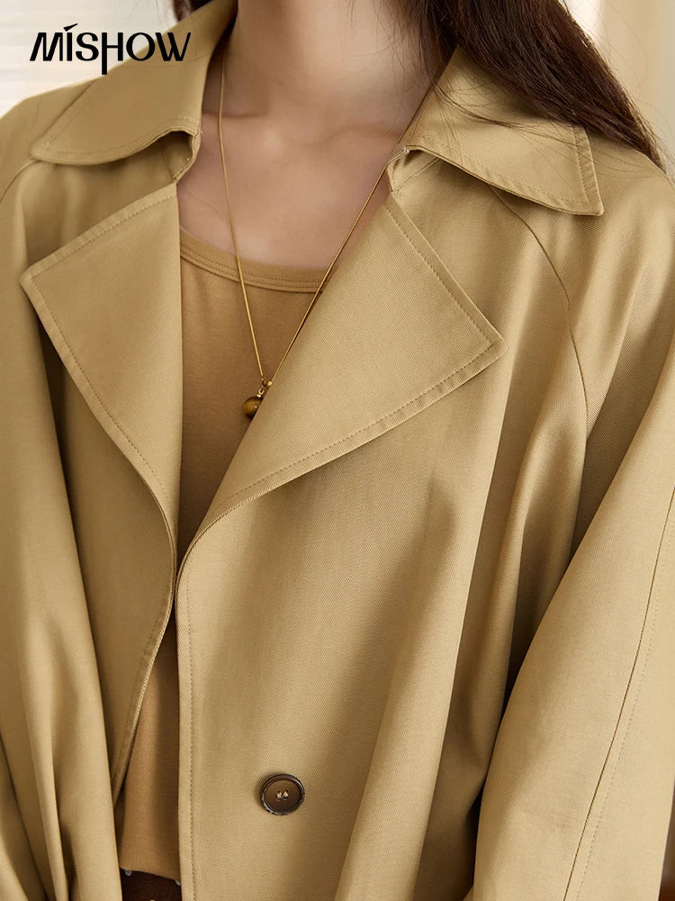 MISHOW Cotton Trench for Women 2025 Autumn Khaki Handmade Pleated Short Jacket Lapel Two Buttons Trench Office Lady MXE43W0804