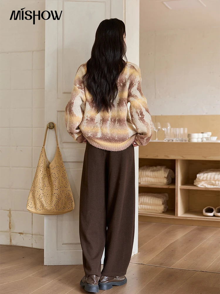 MISHOW Yellow Coffee Gradient Sweater Women 2025 Autumn Winter New V-neck Cable Knit Top Retro Commute Loose Sweater MXE51Z2627