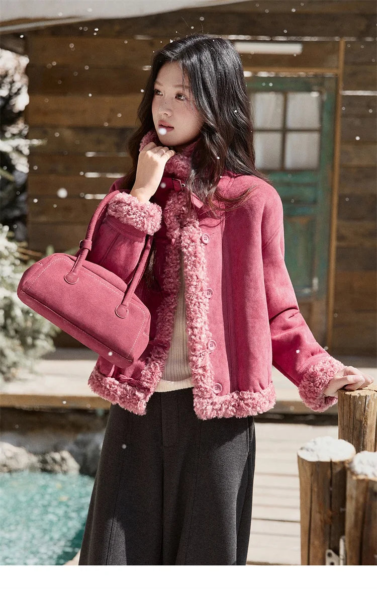 MISHOW Women's Dragon Fruit Red Suede Patchwork Coat 2025 Winter Color Block Stand Collar Thickened Short Outerwear MXE87W0942