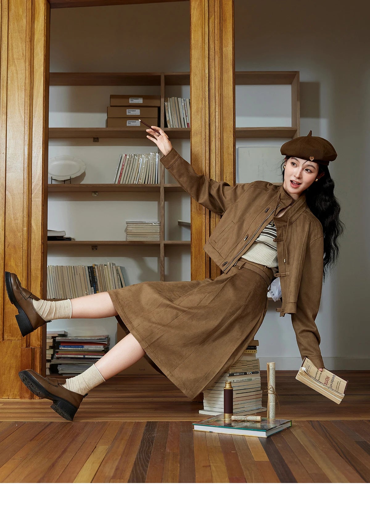 MISHOW Retro Suede Jacket Pleated Skirt Separately for Women 2024 Autumn Short Stand Neck Jacket A-line Short Skirt MXD44W0423