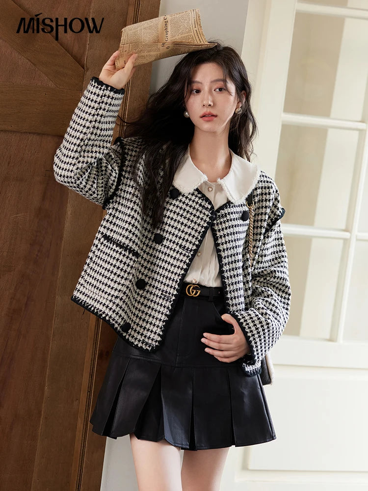 MISHOW Plaid Tweed Jacket Women Red Double Breasted Long Sleeve Tops 2024 Winter French Elegant Design Short Coat MXD56W0631