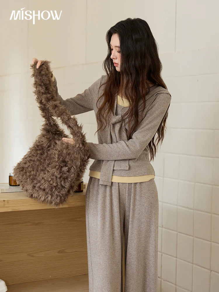 MISHOW Woman Slim Fit Long Sleeve Top 2025 Autumn Retro Solid O-neck Shawl Pullover Casual Knit Top Woman Clothes MXE89T1419