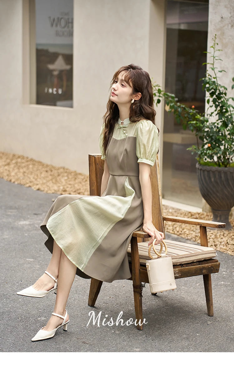 MISHOW Chinese Style Dress for Women 2023 Summer Waist Puff Sleeve Patchwork Fake Two Pieces French Slim Long DressES MXC35L1354