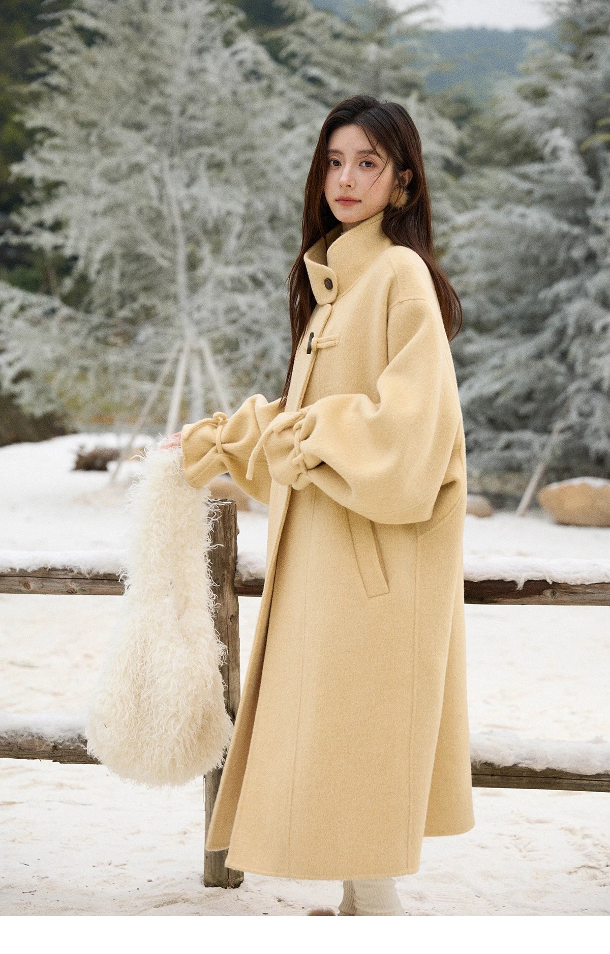 MISHOW Women's Long Coats 2025 Winter Yellow Double-faced 100% Wool Coat Windproof Lantern Sleeve Turtleneck Coat MXE51W0902