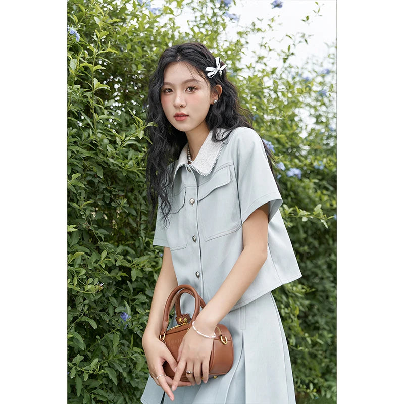 MISHOW French Fragrance Top Pleated Skirt Separately 2024 Lapel Neck Single Breasted Shirt High Waist A-line Skirts MXD24C0201