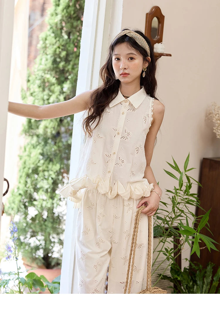 MISHOW 100 Cotton Butterfly Hollow Lace Lapel Shirt for Women Single Breasted Elegant Breathable Shirts with Tube Top MXE34X1808