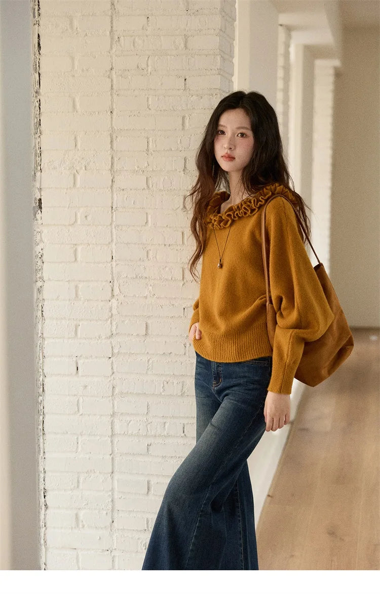 MISHOW Pullovers Women 2025 French Style Orange Lotus Edge Crew Neck Lantern Sleeves Top Slim Luxury Women's Sweaters MXE86Z2726