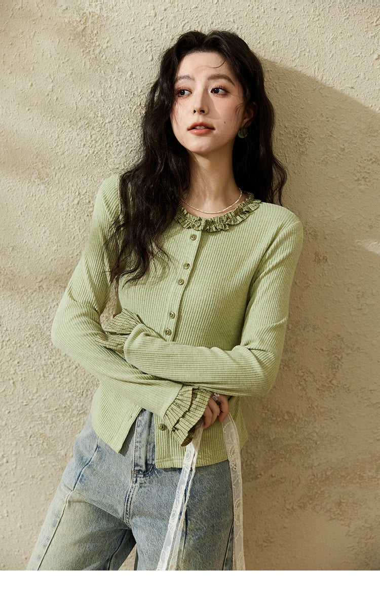 MISHOW Green Plaid Knitted Top 2025 Spring Lotus Leaf Sleeves Tees Slim Long Sleeve Curled Collar Single Breasted Top MXE14Z1152