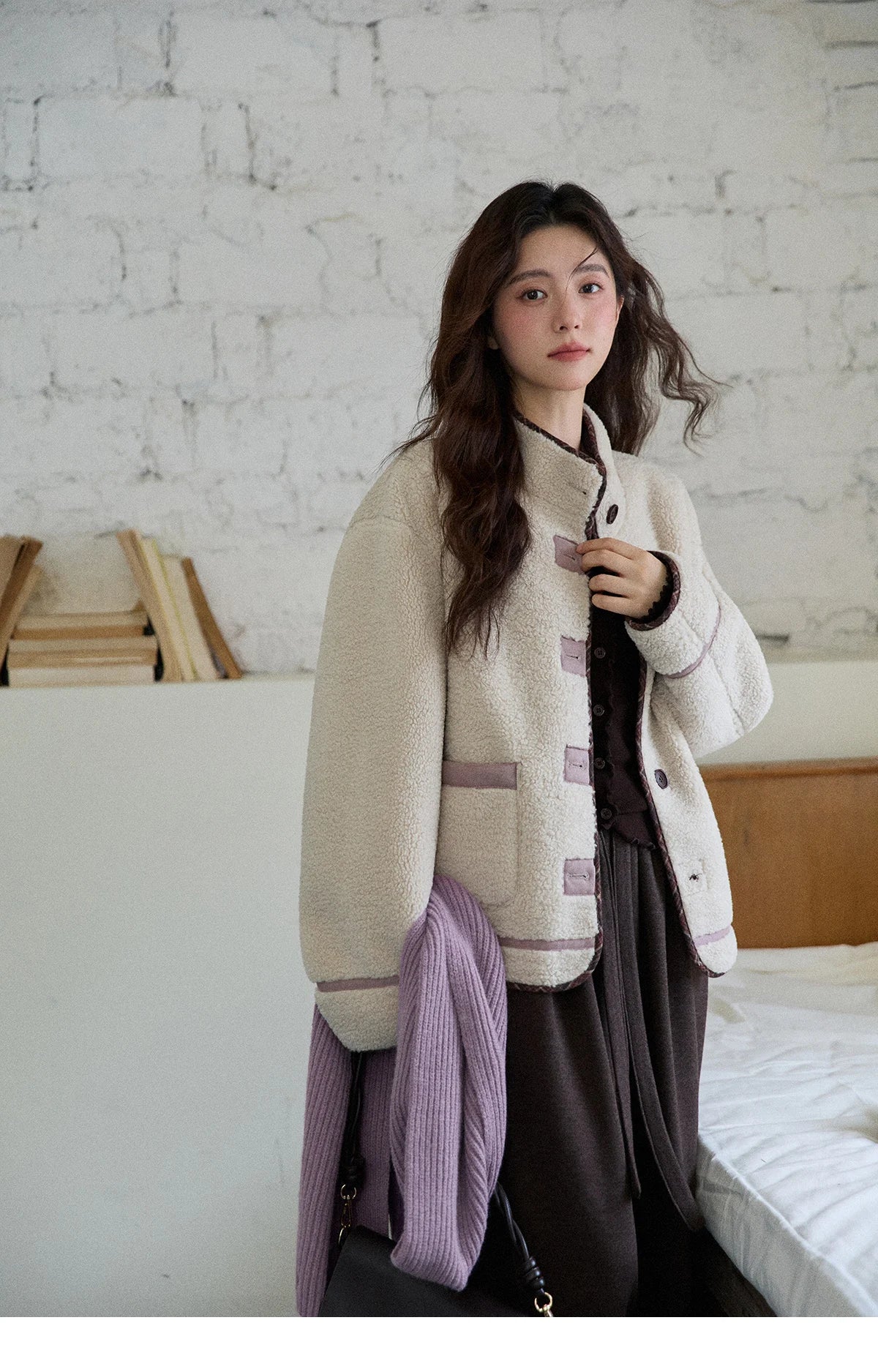 MISHOW Women Purple Coats 2025 Winter Luxury Turn-down Collar Double-sided Jacket Pocket Decoration Windproof Jacket MXE87W0940