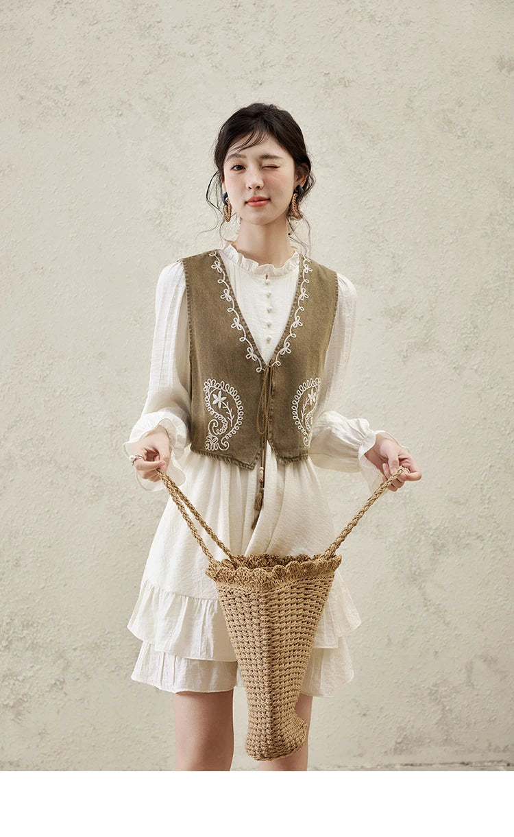 MISHOW Spring Elegant Vests Dress Separately Women 2025 Solid Long Puff Sleeve Midi Dresses Print Denim Vest Fashion MXE16L2197