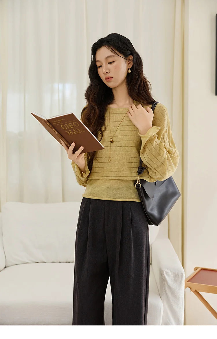 MISHOW Striped Short Hanging Neck Top Two-piece Set 2025 Autumn Wool Blend Knitted Sweater Casual Fashion Top Sets MXE46T1399