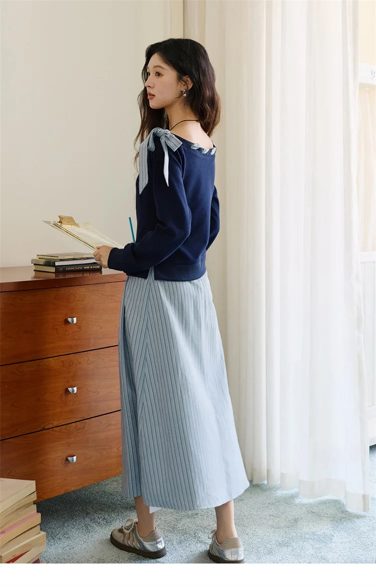 MISHOW Woman Striped Dress 2025 Autumn Blue Navy Slash Neck Contrast Lace Long-sleeved Dress Sexy Clothes for Women MXE45L2516