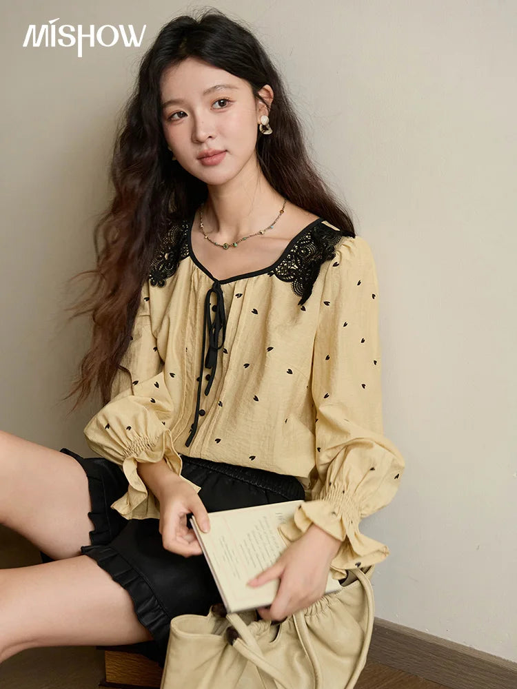 MISHOW Women's Yellow Heart Printed Shirt Autumn Lace Hollowed Out Collar Bubble Sleeve Top Lace-up Commuter Shirts MXE41X1949